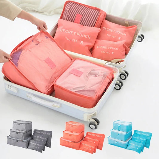 6 Pcs/Set Pink/Blue/Grey Travel Storage Bag Large Capacity Waterproof.