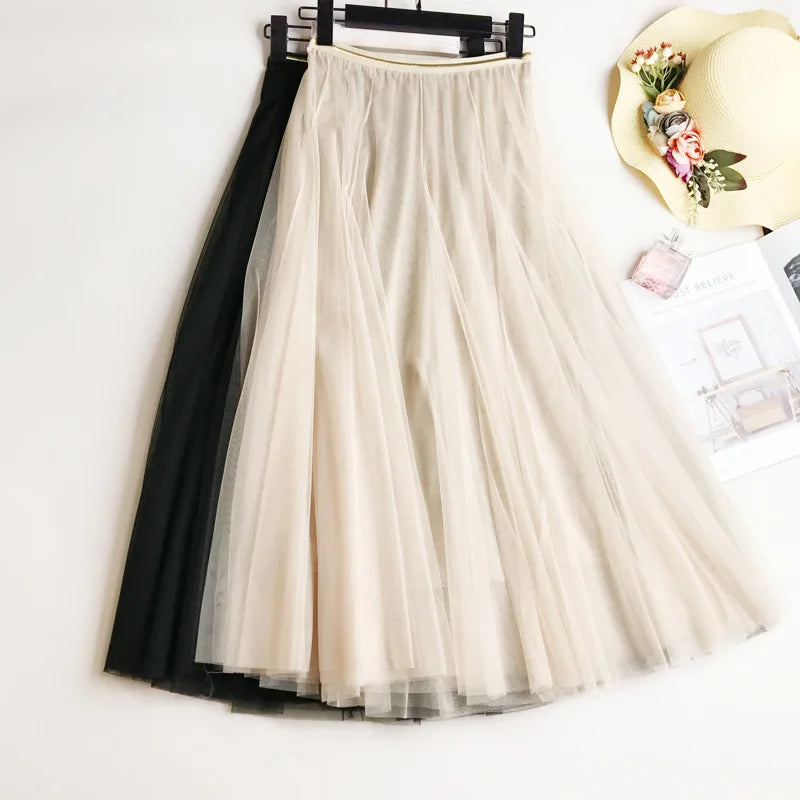 Summer Mesh Women Pleated Skirt Solid High Waist A Line.