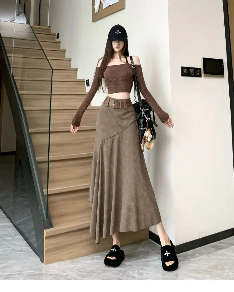 Women Clothing Autumn Korean Fashion Vintage High Waist.