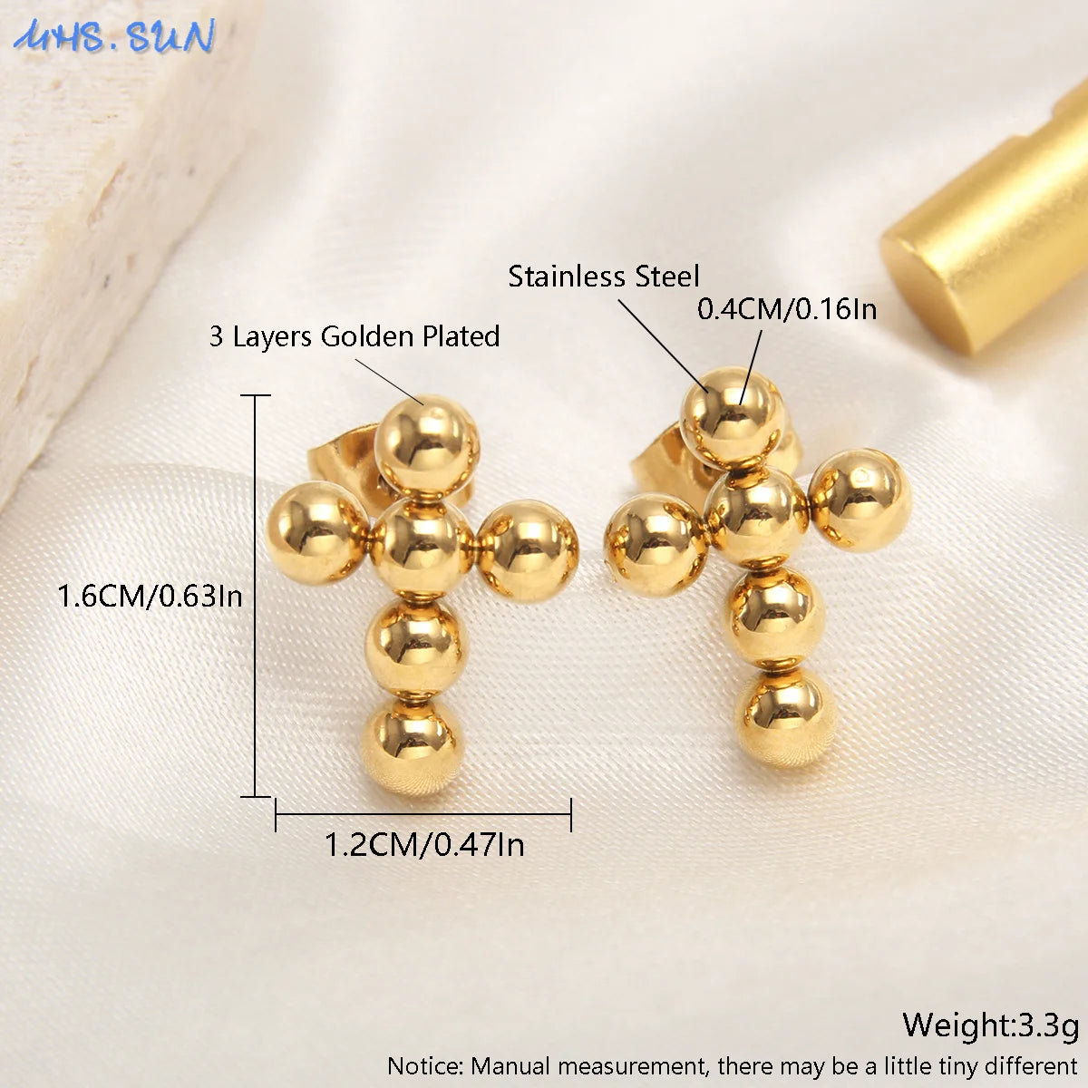 MHS.SUN Luxury Gold Plated Square Round Stainless Steel Hoop Earrings Cross Ball Beads Earring For Women Girls Wedding Jewelry