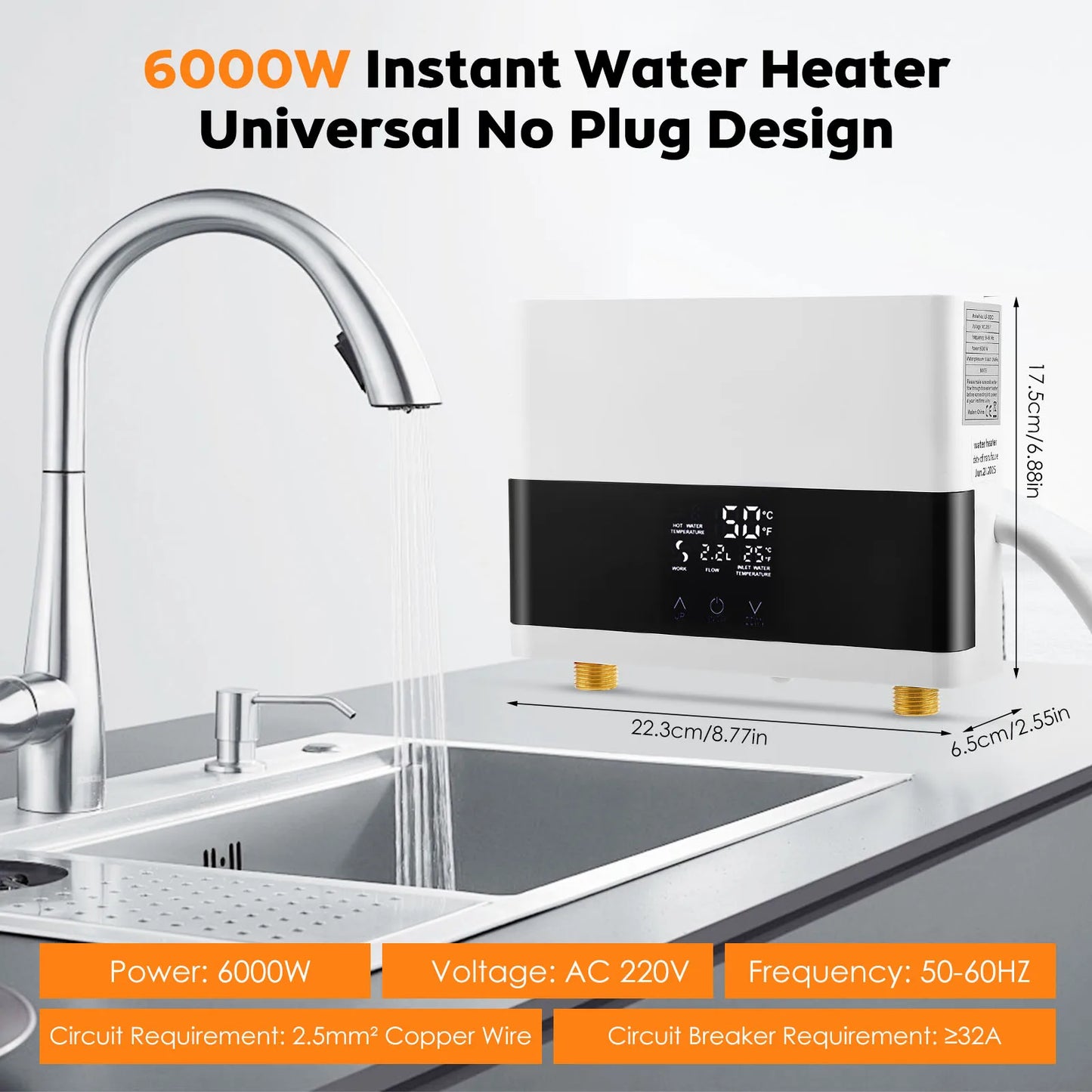Mini Instantaneous Water Heater, Electric Tankless Water Heater, Small with LED Temperature Display