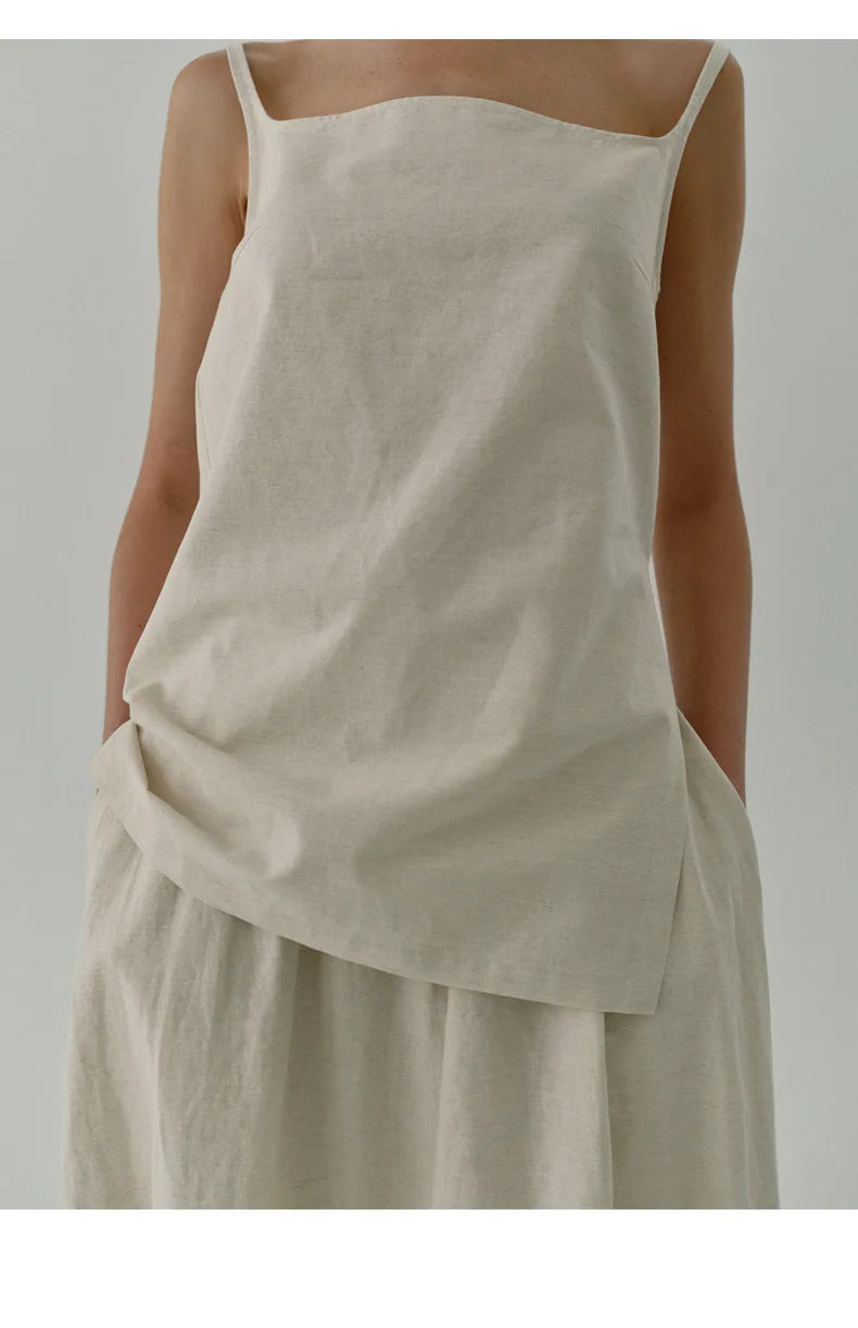 Chic Side Split Vintage Linen Skirt Women's Solid Color.