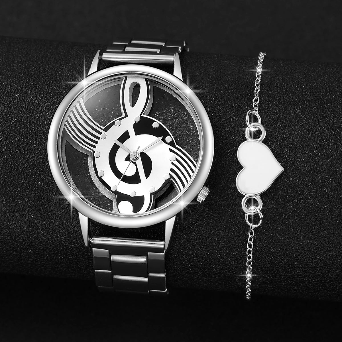 2PCS/Set Fashion Women's Watch Hollow-out Musical Note Dial Steel Band Quartz Watches Heart Bracelet Set（Without Box）