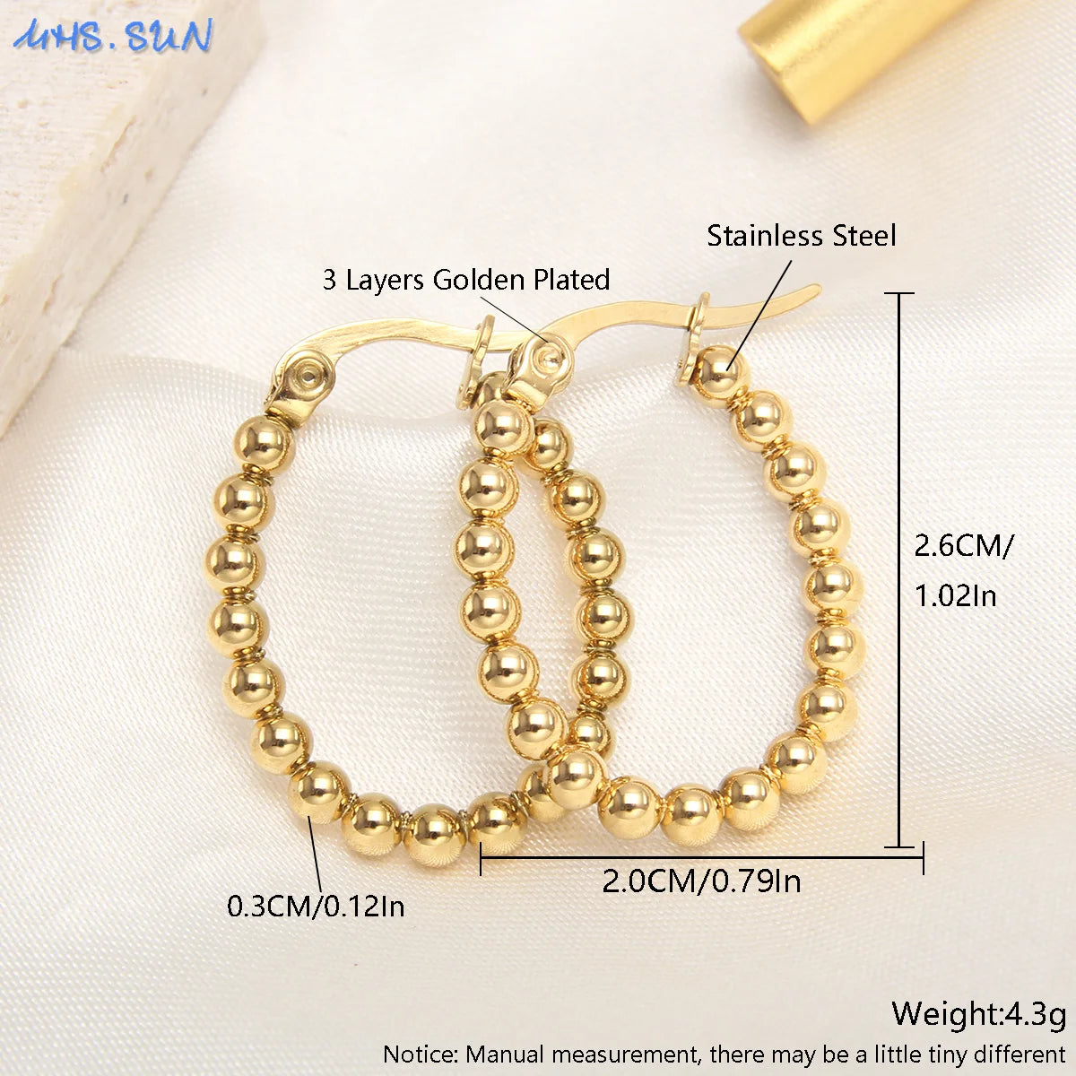 MHS.SUN Luxury Gold Plated Square Round Stainless Steel Hoop Earrings Cross Ball Beads Earring For Women Girls Wedding Jewelry