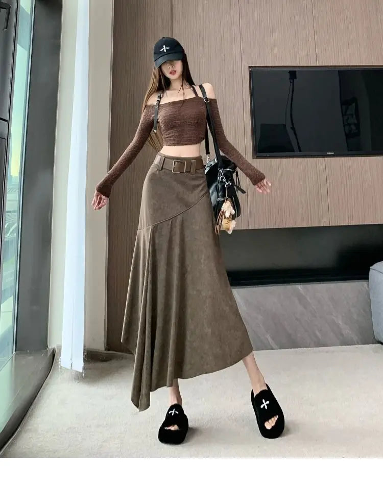 Women Clothing Autumn Korean Fashion Vintage High Waist.