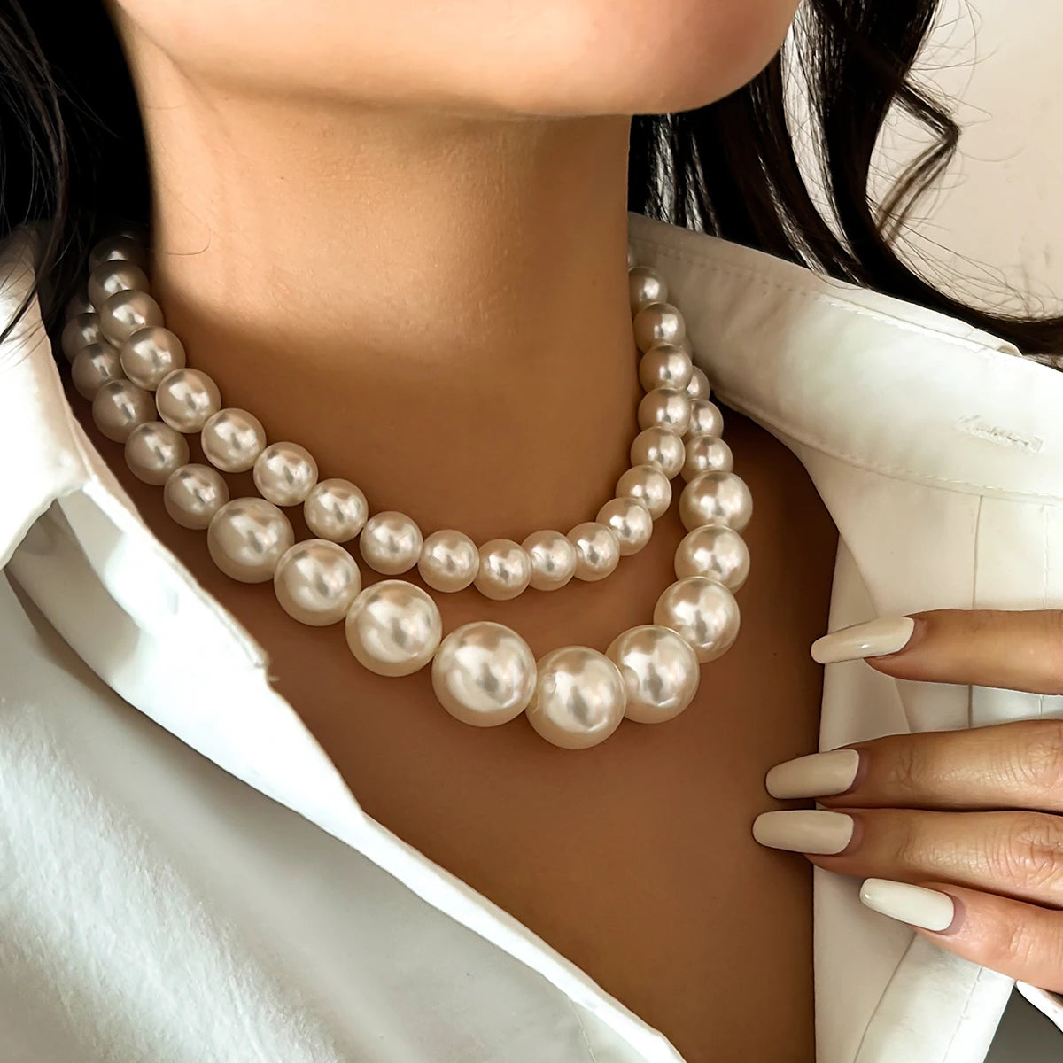 IngeSight.Z Elegant 2pcs/set Imitation Pearl Beaded Choker Necklaces Collar for Wome.