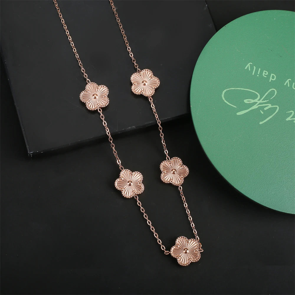 Shining Plum Blossom Plant Five Leaf Plant Single Flower Jewellery Bracelet Necklace Earrings Set Ladies Stainless Steel Clover