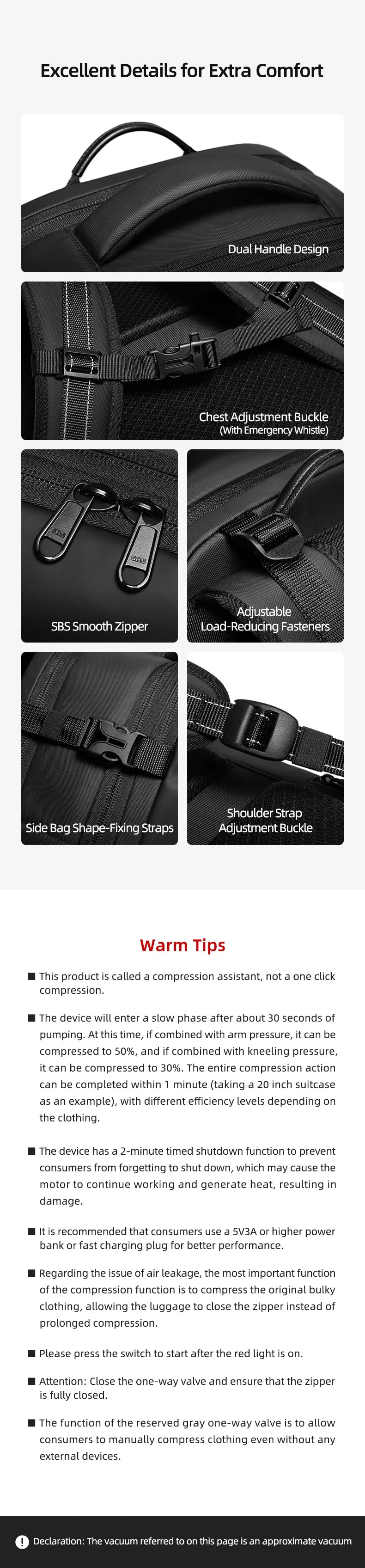 Men Travel Backpack One click start pump vacuum.