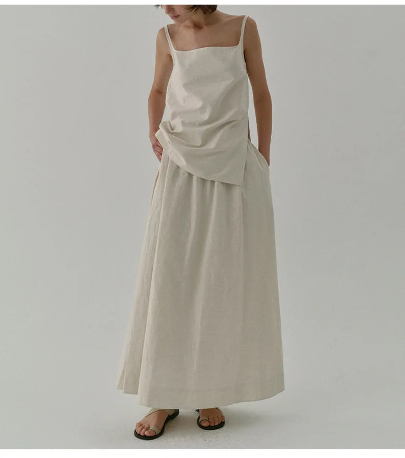 Chic Side Split Vintage Linen Skirt Women's Solid Color.