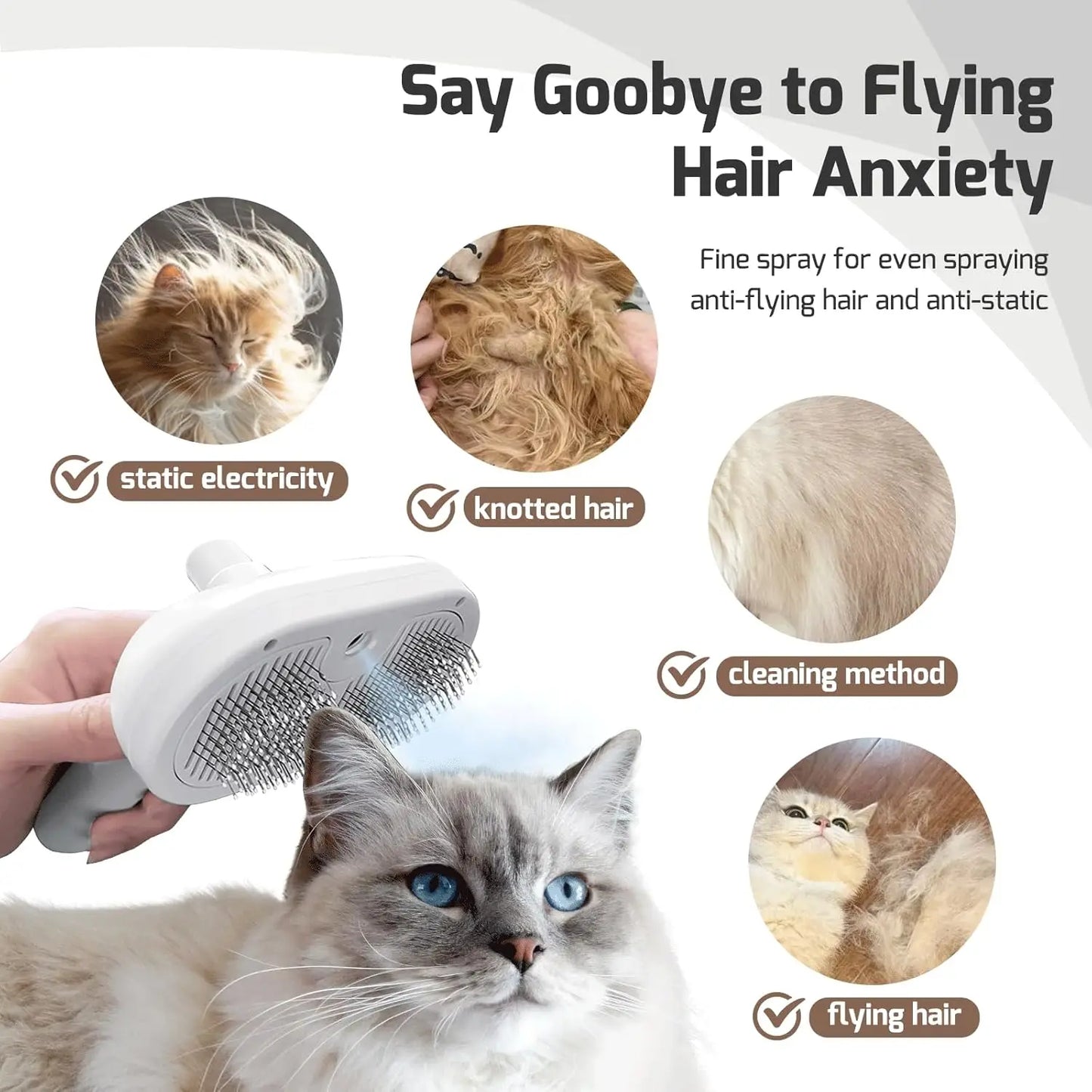 Steam brush for cats with self-cleaning function and steam jet that removes loose hair.