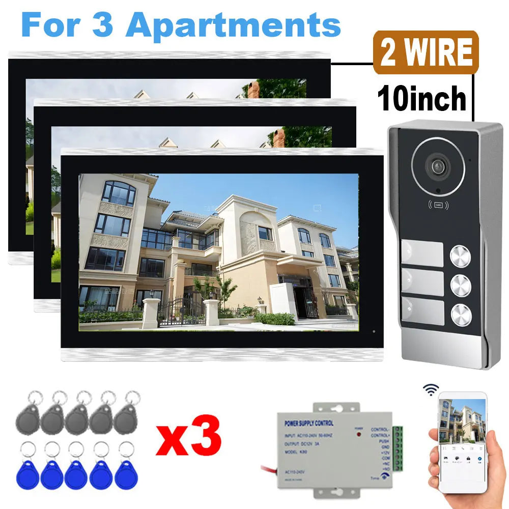 TUYA 5G WIFI 2-3-Unit Apartments Intercom Video Doorbell with RFID Card Unlock 2 Wired 10inch LCD Video Door Phone System