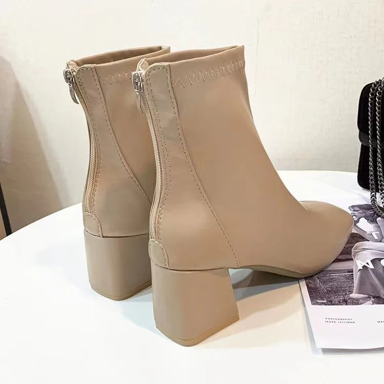 Winter Women Ankle Boots Female Square Toe High Heels Short Boot Ladies Warm Plush Zipper Platform Shoes Botas Mujer 2023