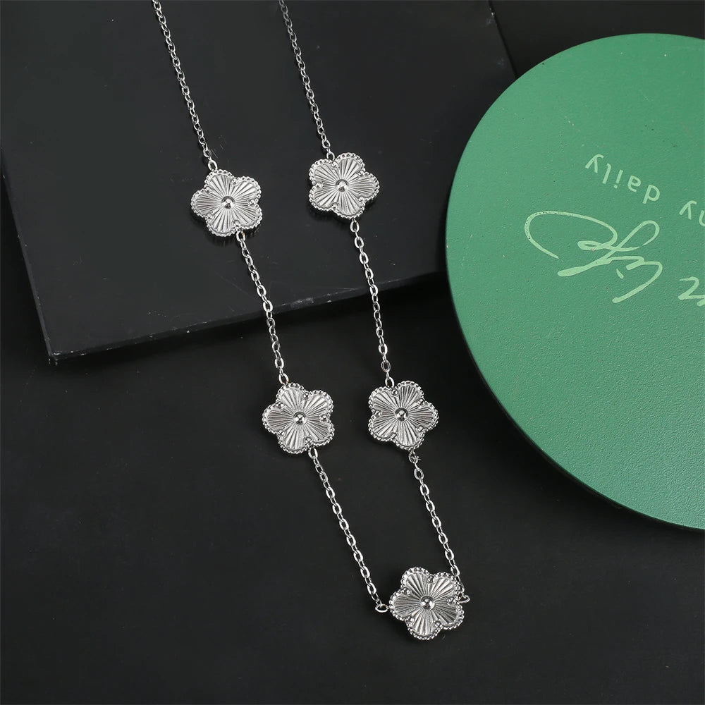 Shining Plum Blossom Plant Five Leaf Plant Single Flower Jewellery Bracelet Necklace Earrings Set Ladies Stainless Steel Clover