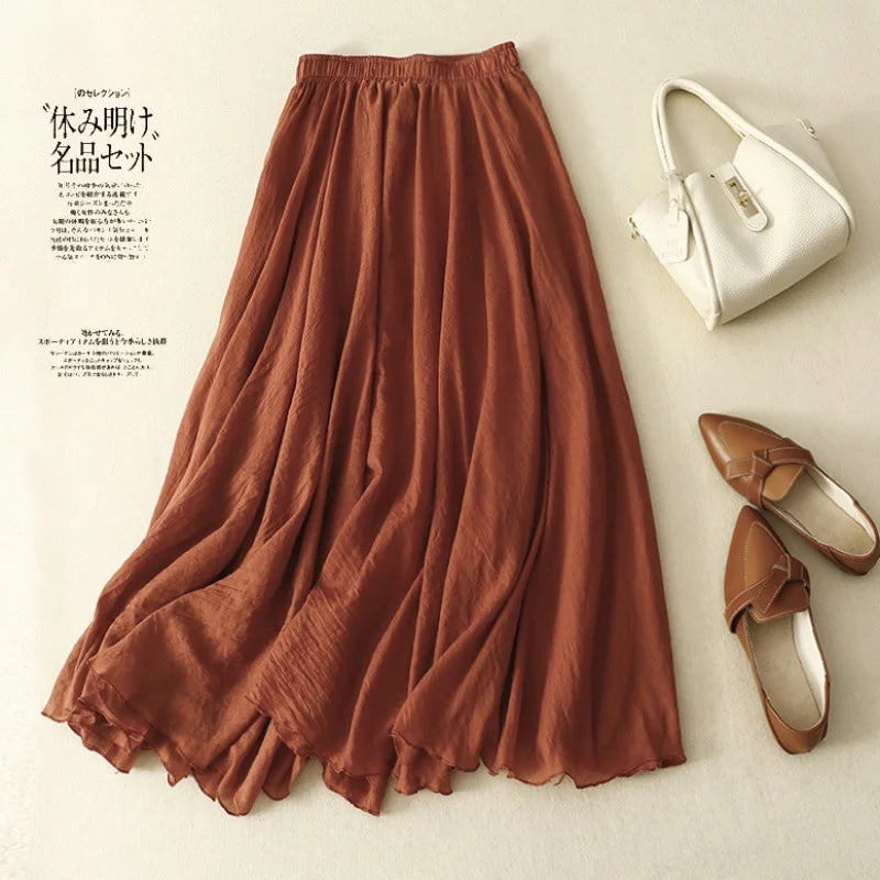 Slim Cotton Leaf Edge Double Layer Half Skirt Loose Waist.