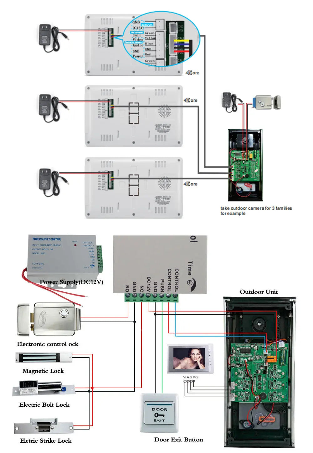 7 Inch Color Video Door Phone doorbell RFID Access Control Camera System for 2/3/4Unit  multi apartments Intercom