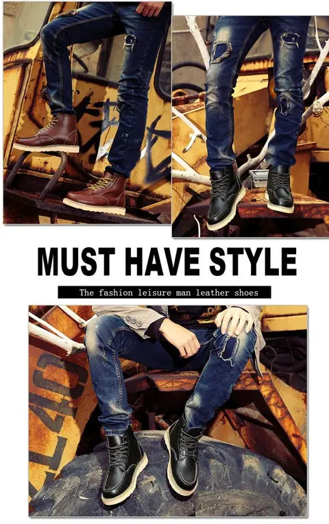 Men's High-Top Leather Motorcycle Boots Ankle Fashion Shoes Autumn Winter