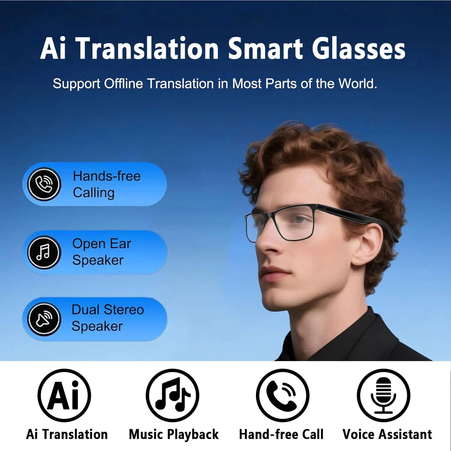 AI smart translation glasses, supporting real-time  translation in 164 languages,