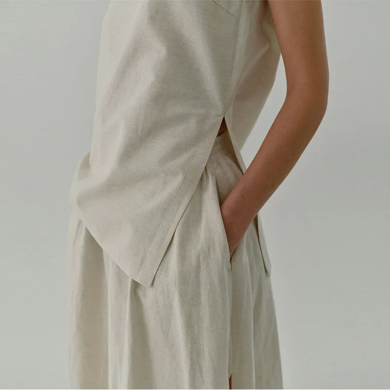 Chic Side Split Vintage Linen Skirt Women's Solid Color.