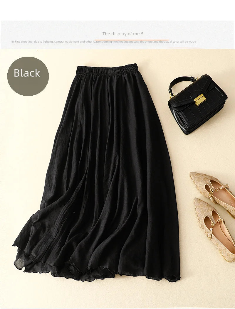 Slim Cotton Leaf Edge Double Layer Half Skirt Loose Waist.