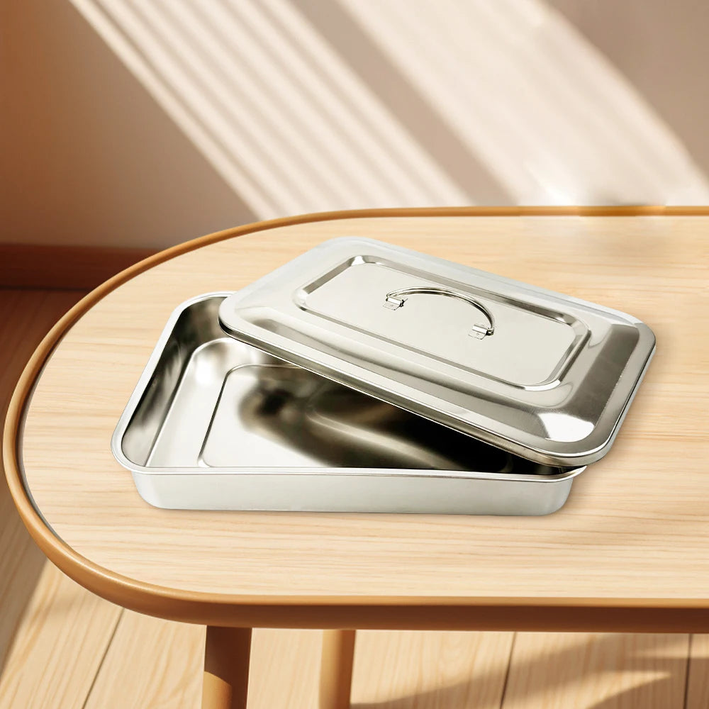 Dental Tray With Lid Stainless Steel Disinfection Box Dentistry Surgical Medical.