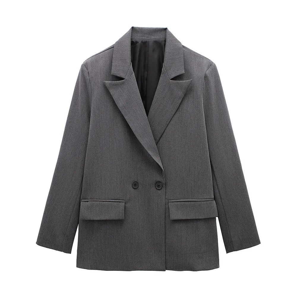 Willshela Women Fashion With Pockets Solid Double Breasted Blazer.