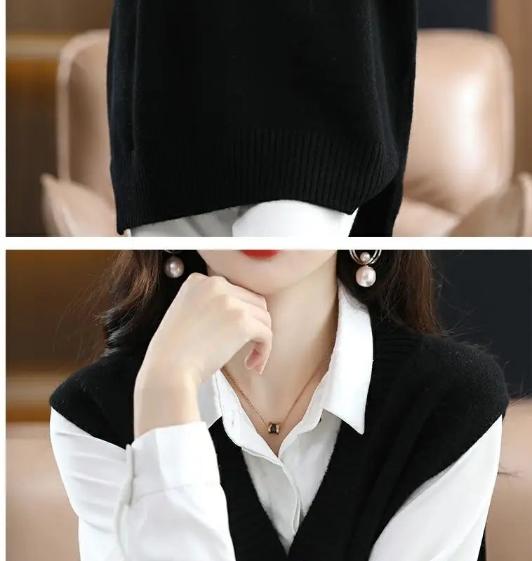 Navy blue plus size vest, medium to long length, in knit fabric.