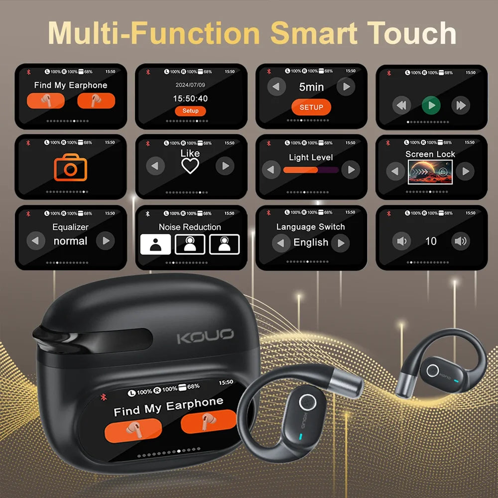 KOUO Open Bluetooth headphones with real-time translation for 164 languages.