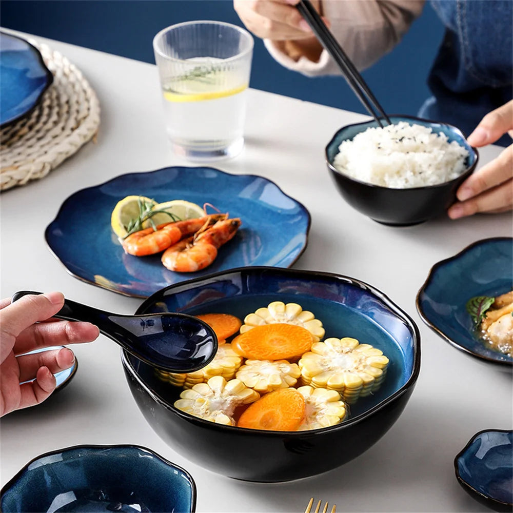 Dinner Set Safe To Use High-temperature Fired Porcelain Northern Europe Bowls And Dishes Blue Kiln Glaze Noodles Bowl Salad Tray