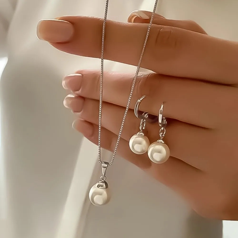 Vintage Jewelry Set Stylish Simple Necklace and Earrings Set with Imitation Pearl Pendant, Women's, Golden, Valentine's Day Gift