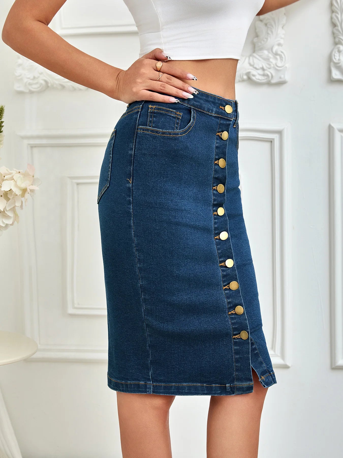 Women's Wrap Denim Skirt Multiple Button Front Stretch.