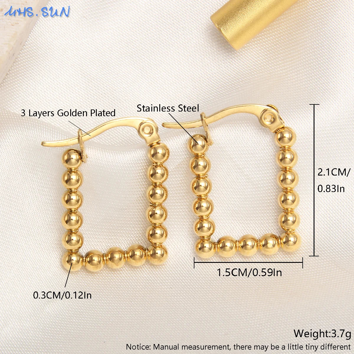 MHS.SUN Luxury Gold Plated Square Round Stainless Steel Hoop Earrings Cross Ball Beads Earring For Women Girls Wedding Jewelry