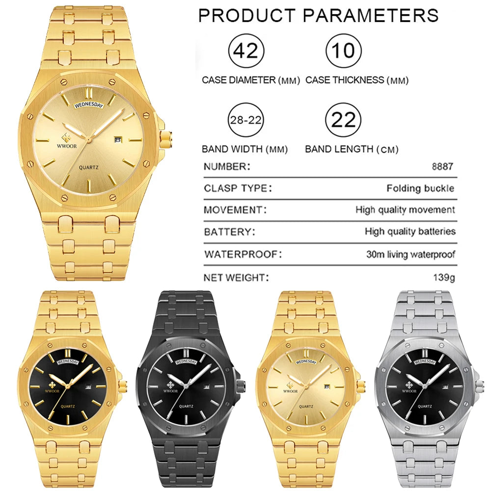 WWOOR Luxury Men Watch Business Quartz Clock Date Luminous Men's Watches Stainless Steel Waterproof Wristwatch Relogio Masculino