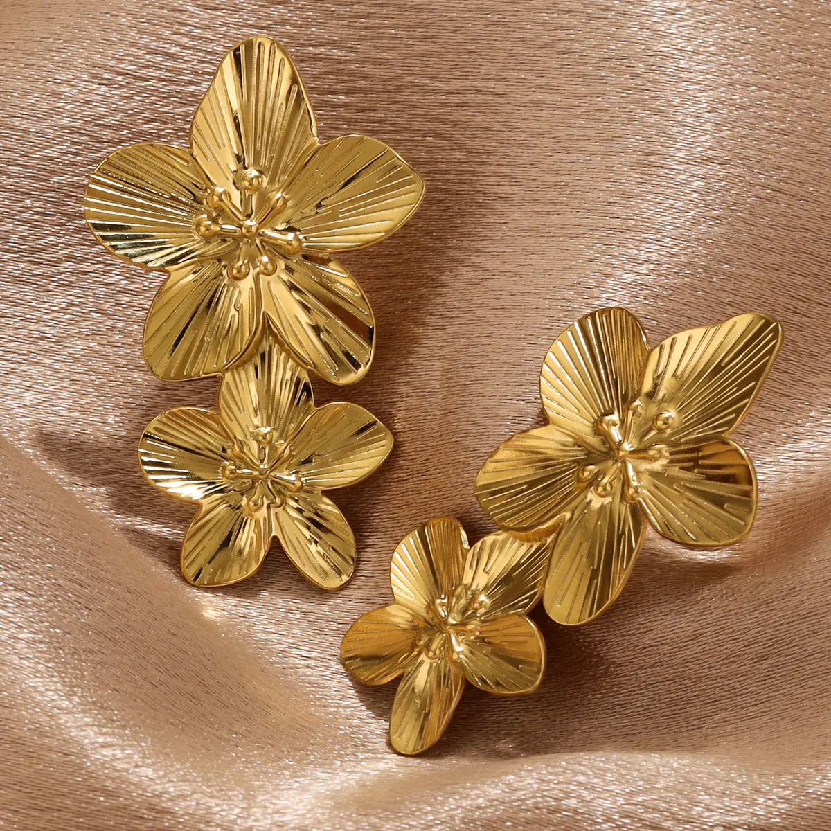 Stainless Steels Flower Earrings  Women Double Layers Statement Gold plated Earrings Fashion Large Hanging Stud Party Jewelry