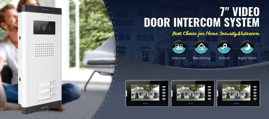 7" Wired Video Door Intercom System With Lock Release Button For 3 Apartment