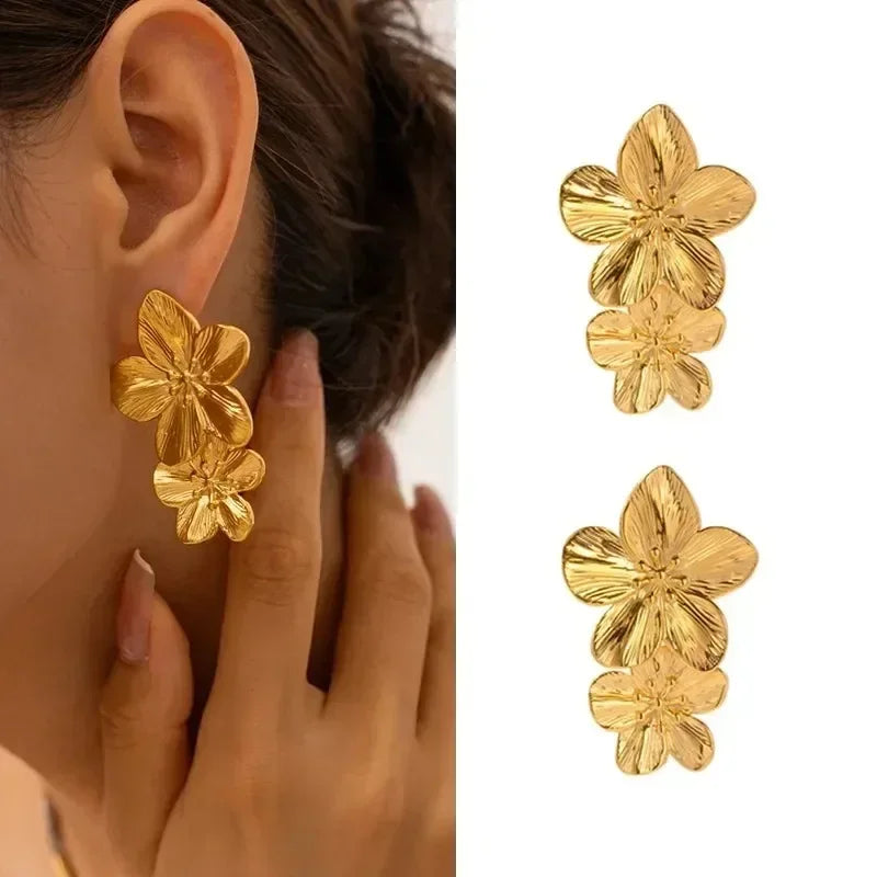 Fashion Temperament Metal Flower Exaggerated Earrings Retro Elegant Party Vacation Plant Personalized Jewelry Accessories