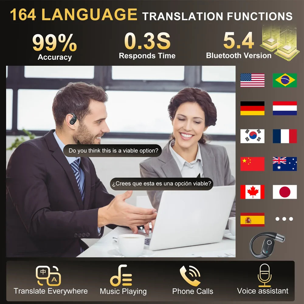 KOUO Open Bluetooth headphones with real-time translation for 164 languages.