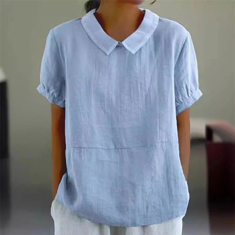 Solid Color Cotton Linen Lapel Pullover Shirt Women Summer.