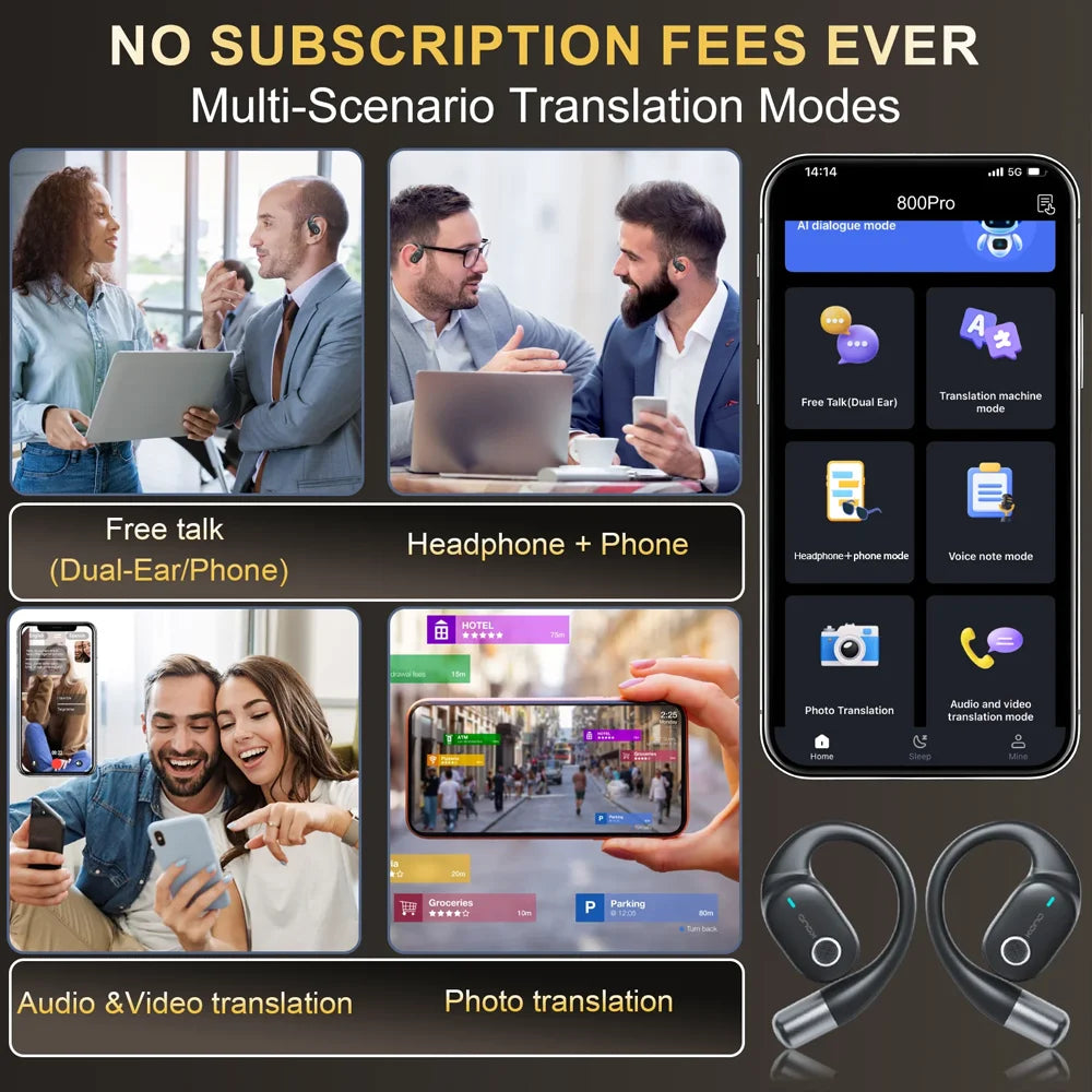 KOUO Open Bluetooth headphones with real-time translation for 164 languages.