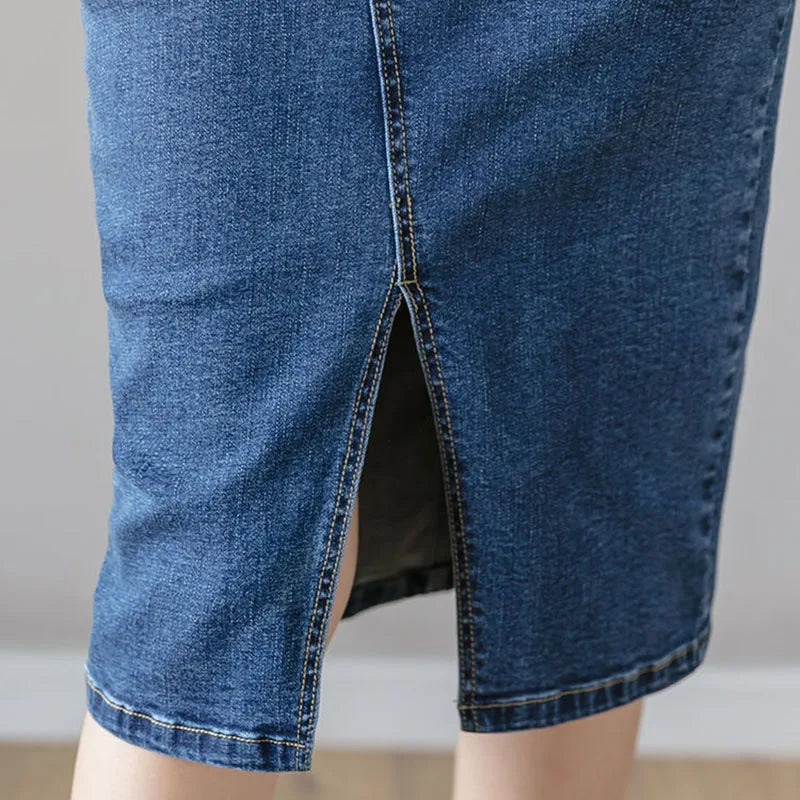 Fashion Split Denim Skirt Woman 2023 Summer Korean Style High Waist Button Blue Midi Skirt Women Elegant Office A-line Skirts