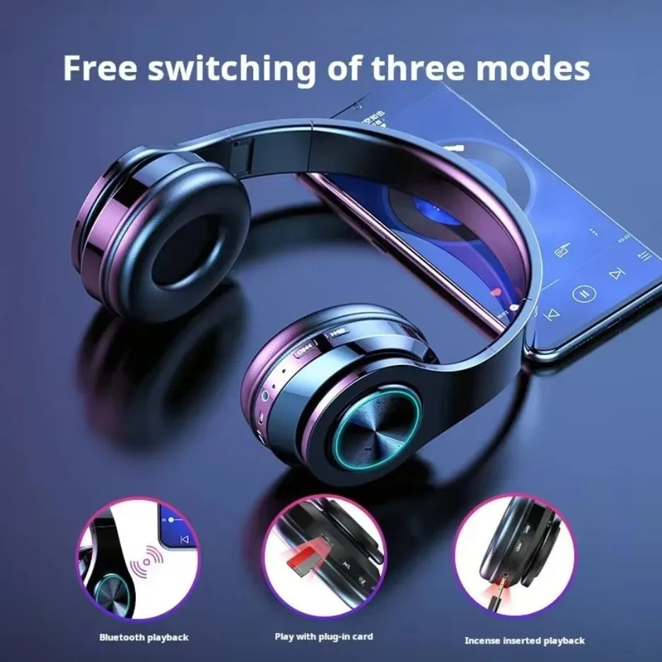 Wireless Bluetooth gaming headset with stereo surround sound.
