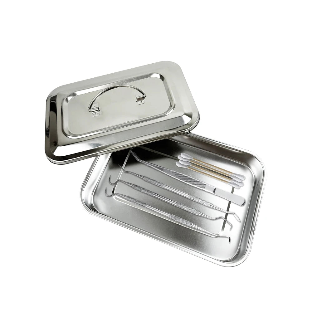 Dental Tray With Lid Stainless Steel Disinfection Box Dentistry Surgical Medical.
