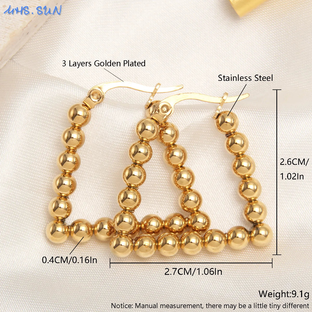 MHS.SUN Luxury Gold Plated Square Round Stainless Steel Hoop Earrings Cross Ball Beads Earring For Women Girls Wedding Jewelry