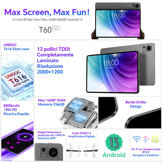 Teclast T60 Tablet, 12'' 2K Fhd 2000X1200, Android 13, (8Gb+8Gb)16Gb Ram, 256Gb  8 Cores.