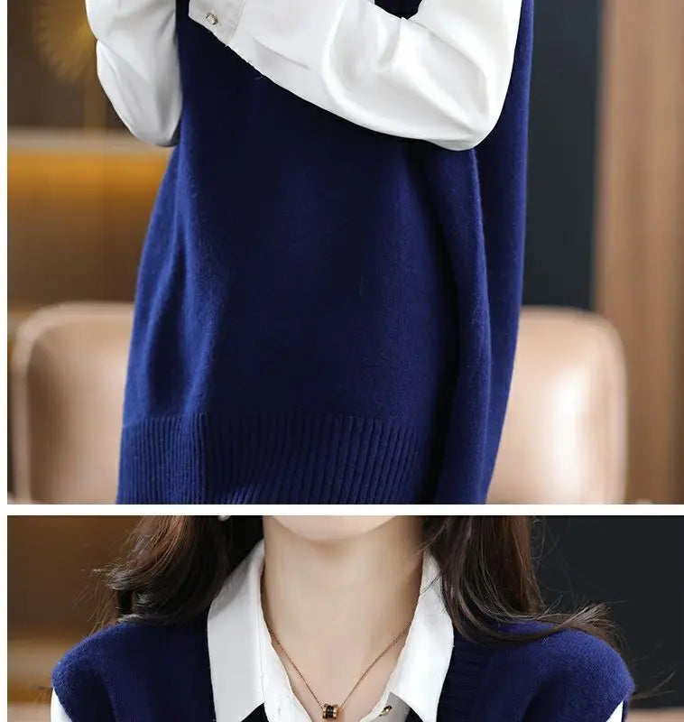 Navy blue plus size vest, medium to long length, in knit fabric.