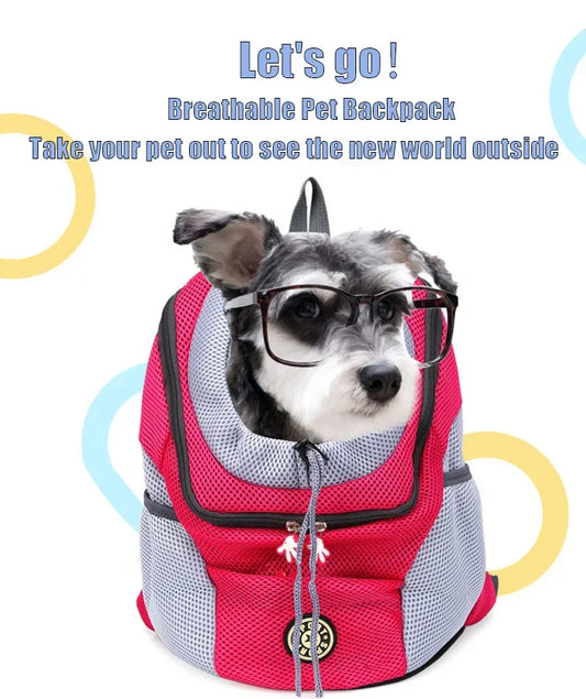 Portable travel backpack with double handles for pets.