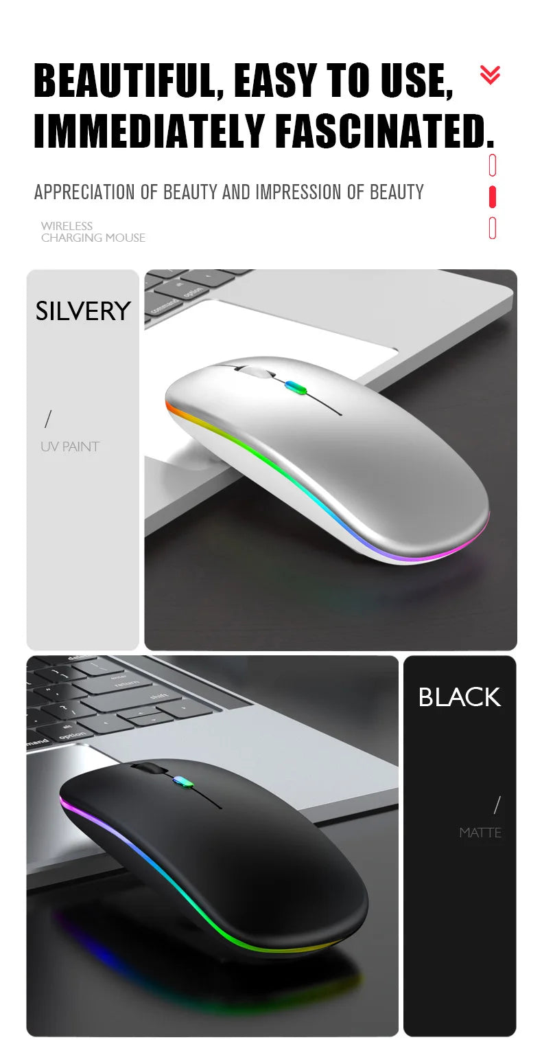 Rechargeable Bluetooth wireless mouse with USB connection.