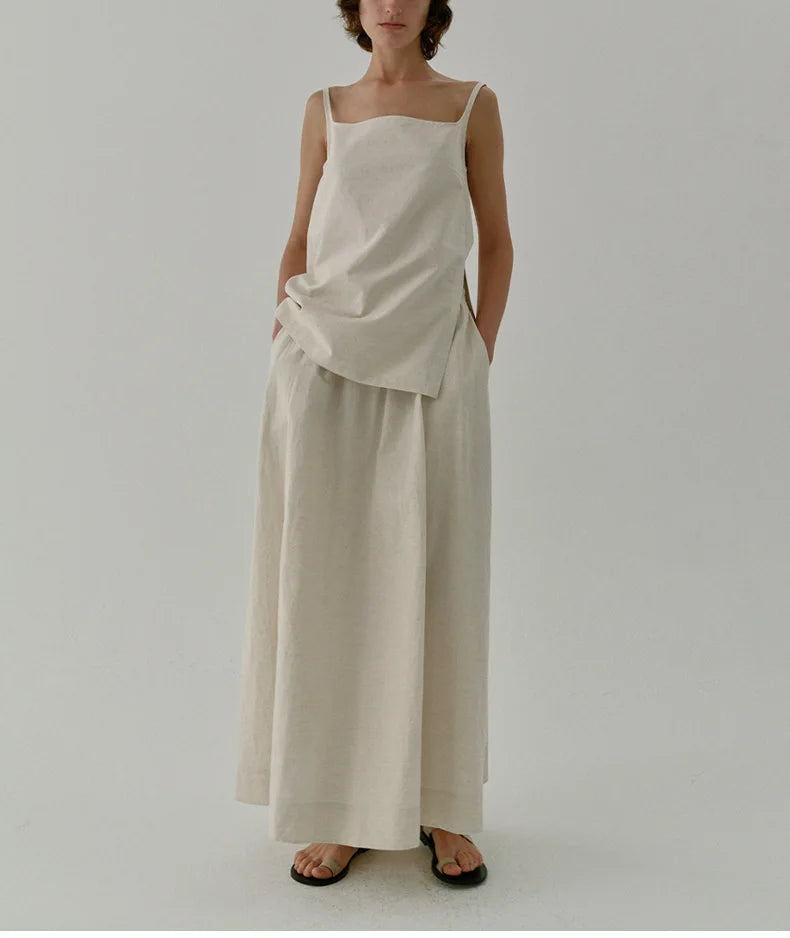 Chic Side Split Vintage Linen Skirt Women's Solid Color.