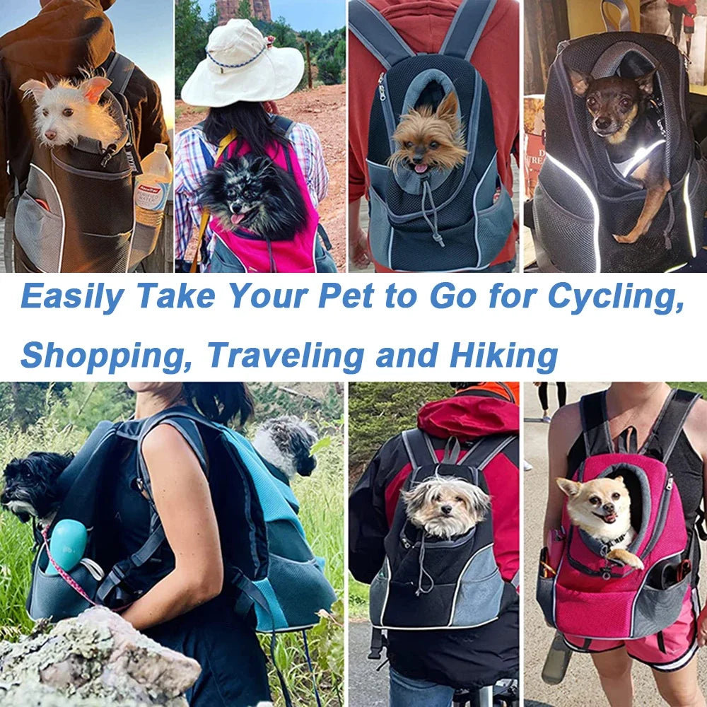 Portable travel backpack with double handles for pets.