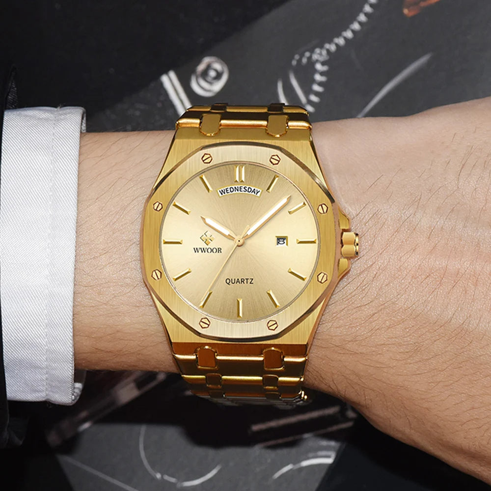 WWOOR Luxury Men Watch Business Quartz Clock Date Luminous Men's Watches Stainless Steel Waterproof Wristwatch Relogio Masculino