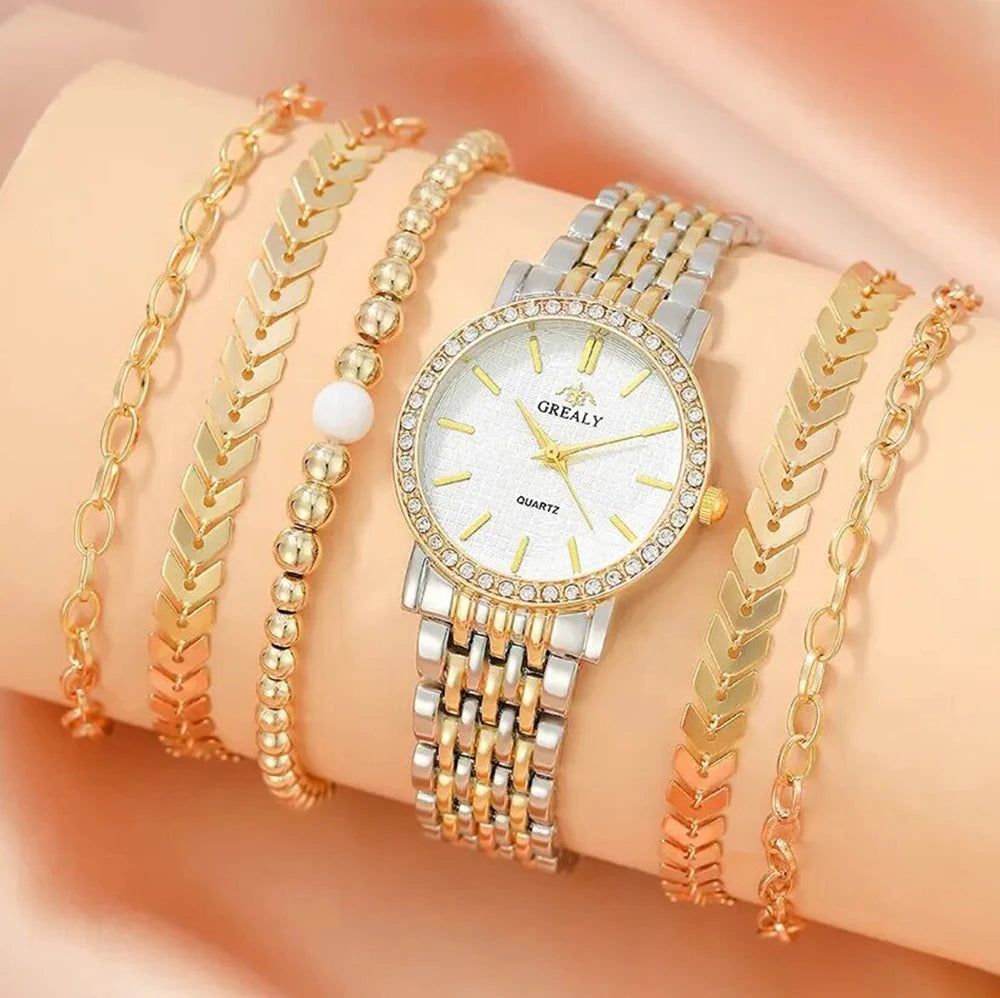 6pcs Women's Watch Casual Stainless Steel Strap Material Quartz Watch and Jewelry Bracelet Set